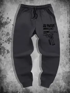 Men's Casual Fitted Jogger Pants, Gun Print Design, Spring & Fall Wear, Moderate Fabric Thickness, Comfortable Campus Style, Casual Sports Trousers