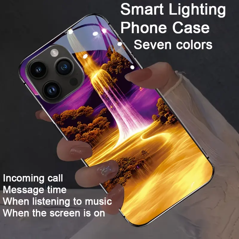 Starry Wonderland Golden Waterfall Colorful Smart Voice-activated Luminous Phone Case is suitable for iPhone 16-12, adopts smart voice-activated luminous technology, colorful anti-fall, luminous colorful design, and shockproof shell.