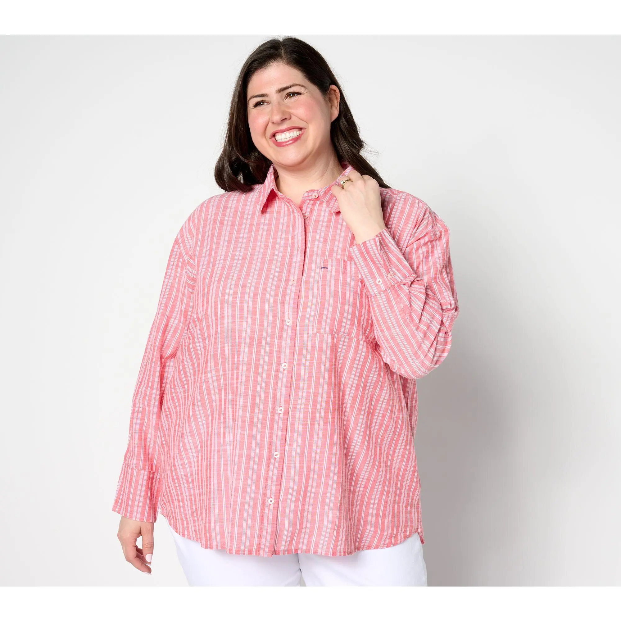 QVC Women's Cotton Boyfriend Blouse - Long-Sleeves Top with Relaxed Fit