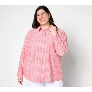 QVC Women's Cotton Boyfriend Blouse - Long-Sleeves Top with Relaxed Fit