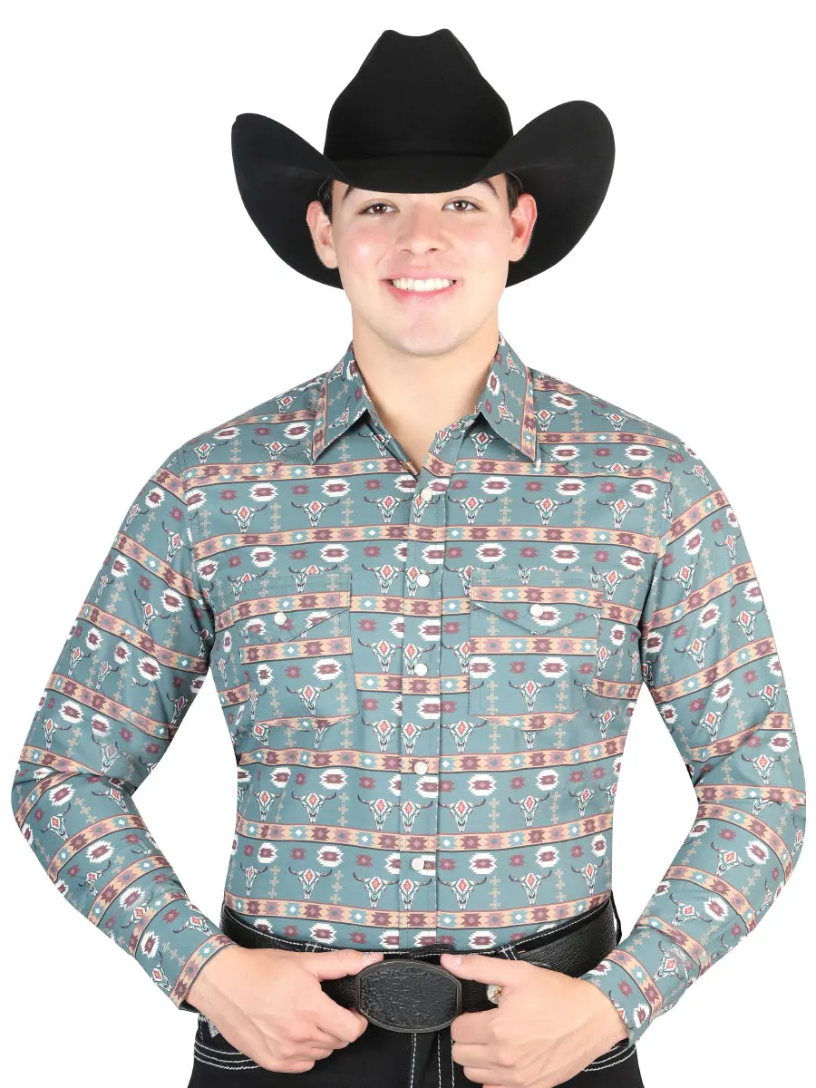 El General Men's Long Sleeve Western Fashion Snap Button Shirt - Green 44310