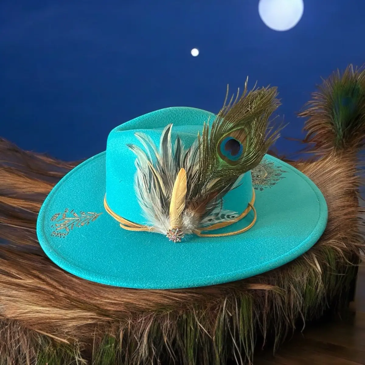 Pretty in Peacock Hand Burned Hat