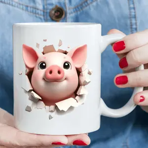 [3D Pig Coffee Mug] 11oz Ceramic Coffee Mug with 3D Pig Head Wall-Break Design |   1pc, Dual-Sided Art, Reusable Hand Wash Only, Unique Gift for All Ages, Kitchen & Dining Accessories