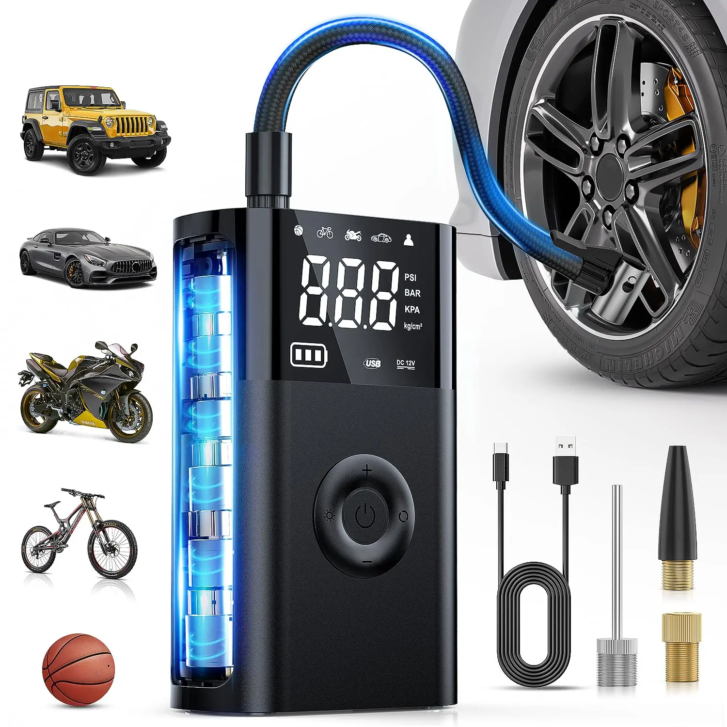 Nilight Portable Tire Inflator - 12VDC Rechargeable Battery-Powered 150PSI Quick Fill Car Tire Pump with Auto Shutoff & Gauge for Car, Motorcycle Offroad Use, Car Tire Pumps