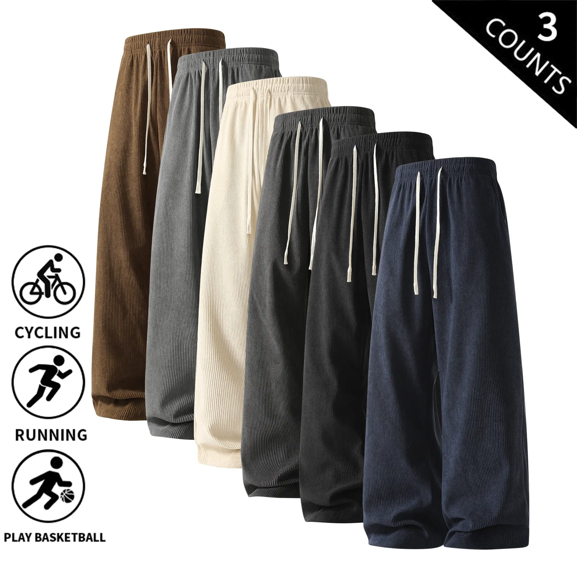 3-pack men’s fall/winter composite corduroy wide-leg pants, loose baggy drawstring elastic waist casual trousers, streetwear workout running basketball sweatpants