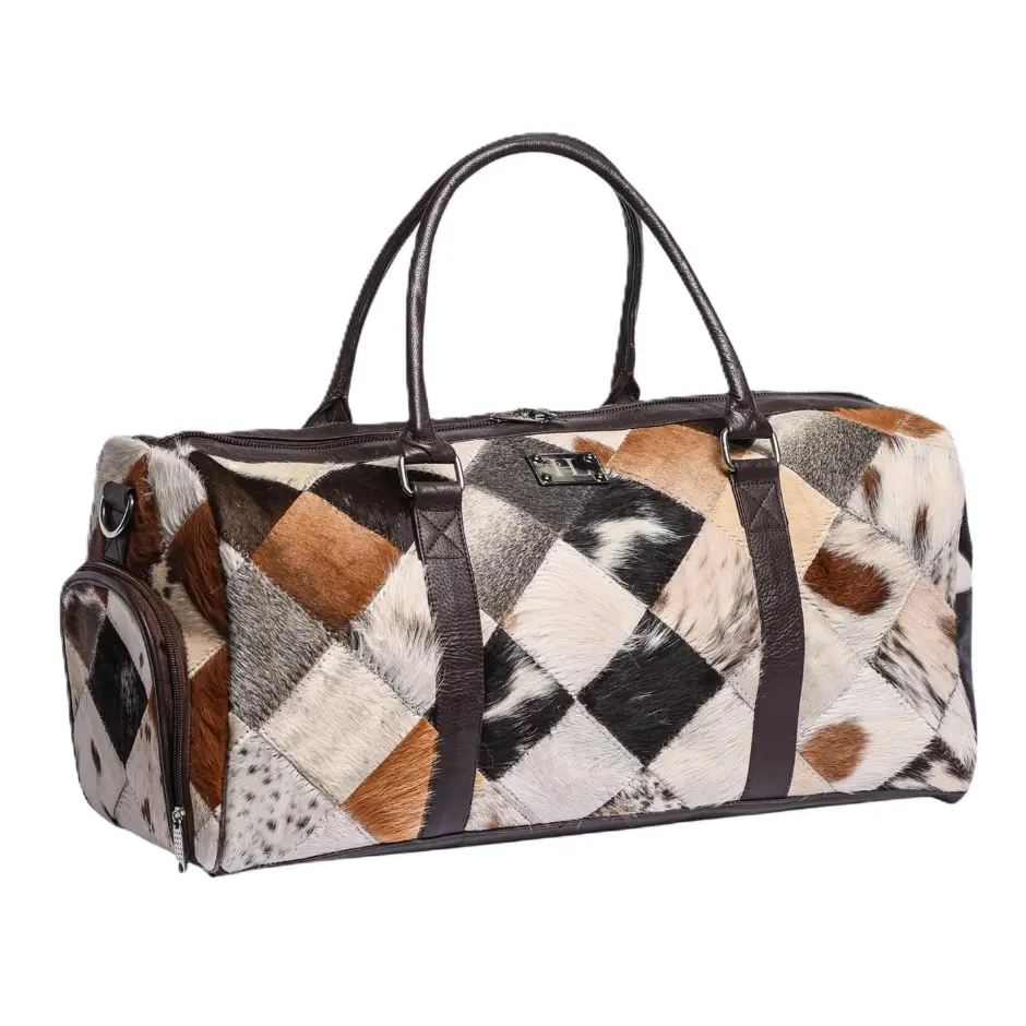 Genuine Hair-on Cowhide Leather Duffle Bag – Premium Patchwork Weekender Travel Luggage, Gym Overnight Carry-On Bag for Men & Women (20" x 10" x 12")