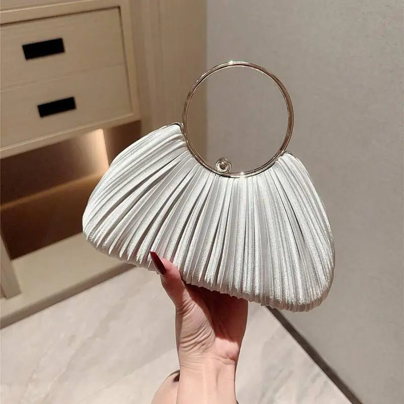 Women's Elegant Style Evening Bag - Annular Satin Shell Shape Handbag with Button Close, Cocktail Purse for Wedding Party Prom Events