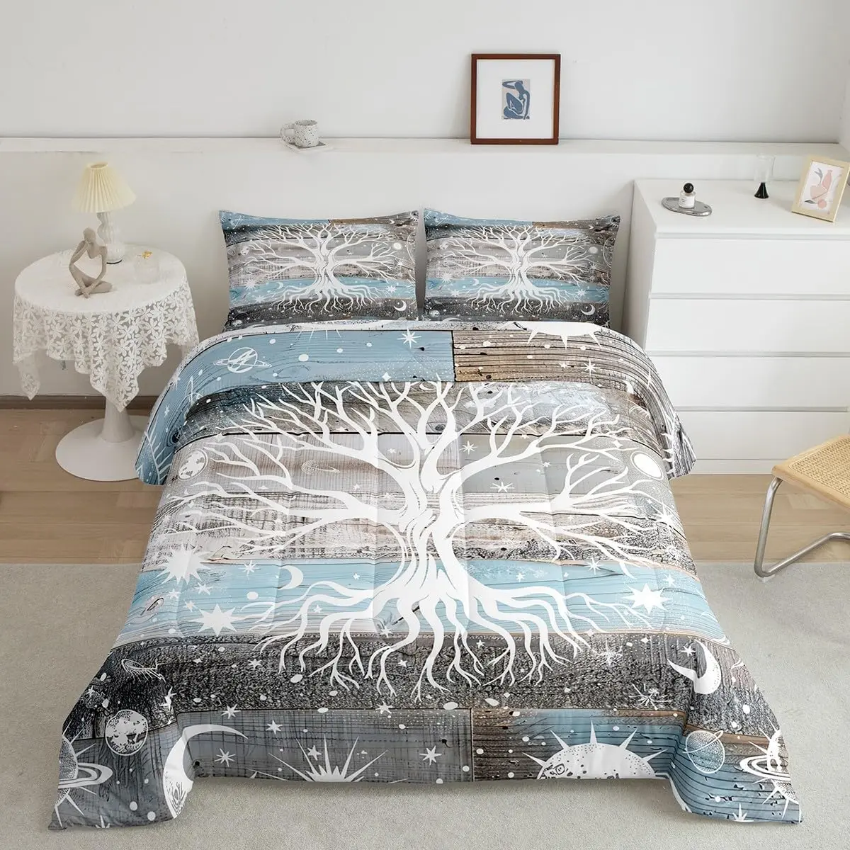 Feelyou Sun and Moon Tree of Life Vintage Barn Door Quilted Comforter Set - Rustic Farmhouse Bedroom Bedding, Breathable Psychedelic Duvet, Decorative Linens, Bedroom Bedding Set, Breathable Duvet Set