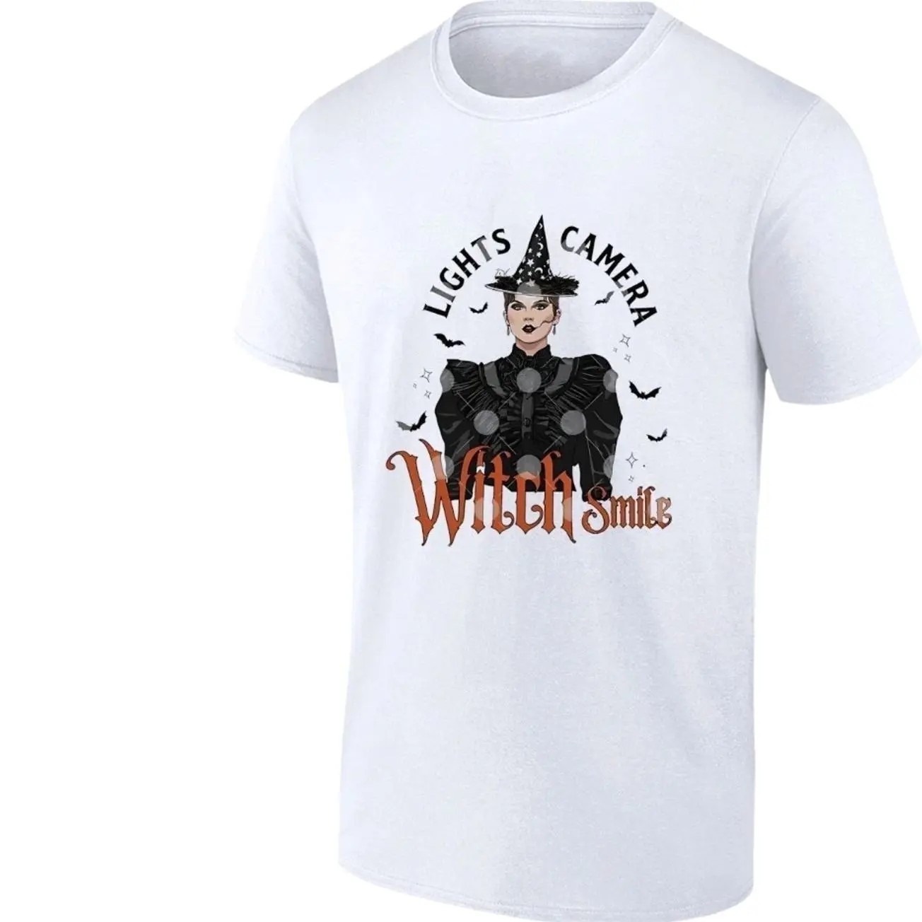 Men's Cotton Fabric Short-Sleeve Sweat T-Shirt, Lights Camera Witch Smile Halloween Clothes, PJF