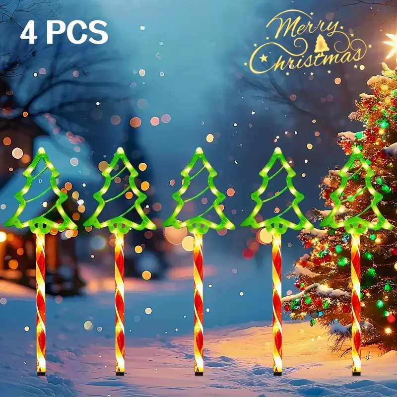 4-in-1 Christmas Tree Ground Stake Lights with 8 Flashing Modes, Warm White Light, Outdoor Decorative Lights, Battery-Powered Outdoor/Indoor Step Lights with Push Button Control, Semi-flush Mount For Garden, Lawn, Porch, Patio, Terrace, Yard