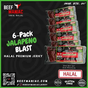 Here you go!  Halal Beef Jerky 6-Pack Jalapeno Blast by Beef Maniac | Natural Hardwood Smoked Premium Jerky Made in Michigan