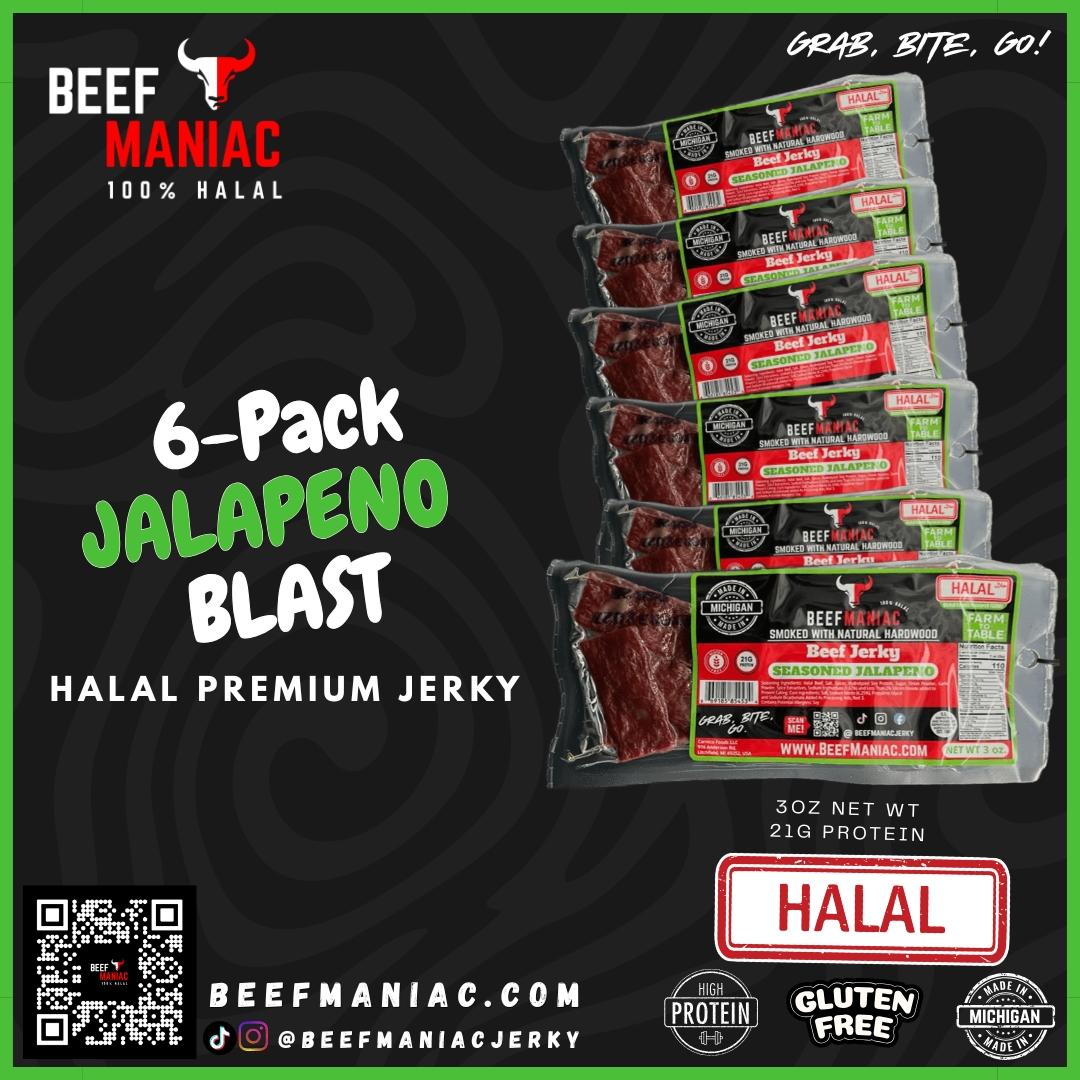 Here you go!  Halal Beef Jerky 6-Pack Jalapeno Blast by Beef Maniac | Natural Hardwood Smoked Premium Jerky Made in Michigan