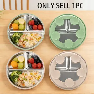 304 Stainless Steel Dinner Plate, Silicone Suction Cup Non-Slip Heat Insulation, 304 Segmented Meal Tray, Durable and Practical Tableware, Steel Plates