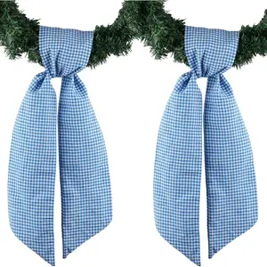 YKW 2 Pack Blue White Gingham Wreath Sash Front Door Decoration, 5.12" x 54.33" Blank Sashes Patriotic July 4th Summer Holiday Party Bow Ribbon Bundle Farmhouse