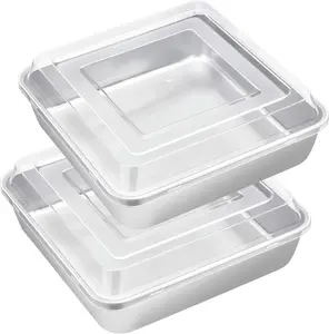 8 x 8-Inch Square Baking Pan with Lid, Set of 2 Square Cake Brownie Baking Pans, Stainless Steel Bakeware, Non-toxic & Healthy, Easy Clean & Dishwasher Safe, 4 Pieces(2 Pans + 2 Lids)