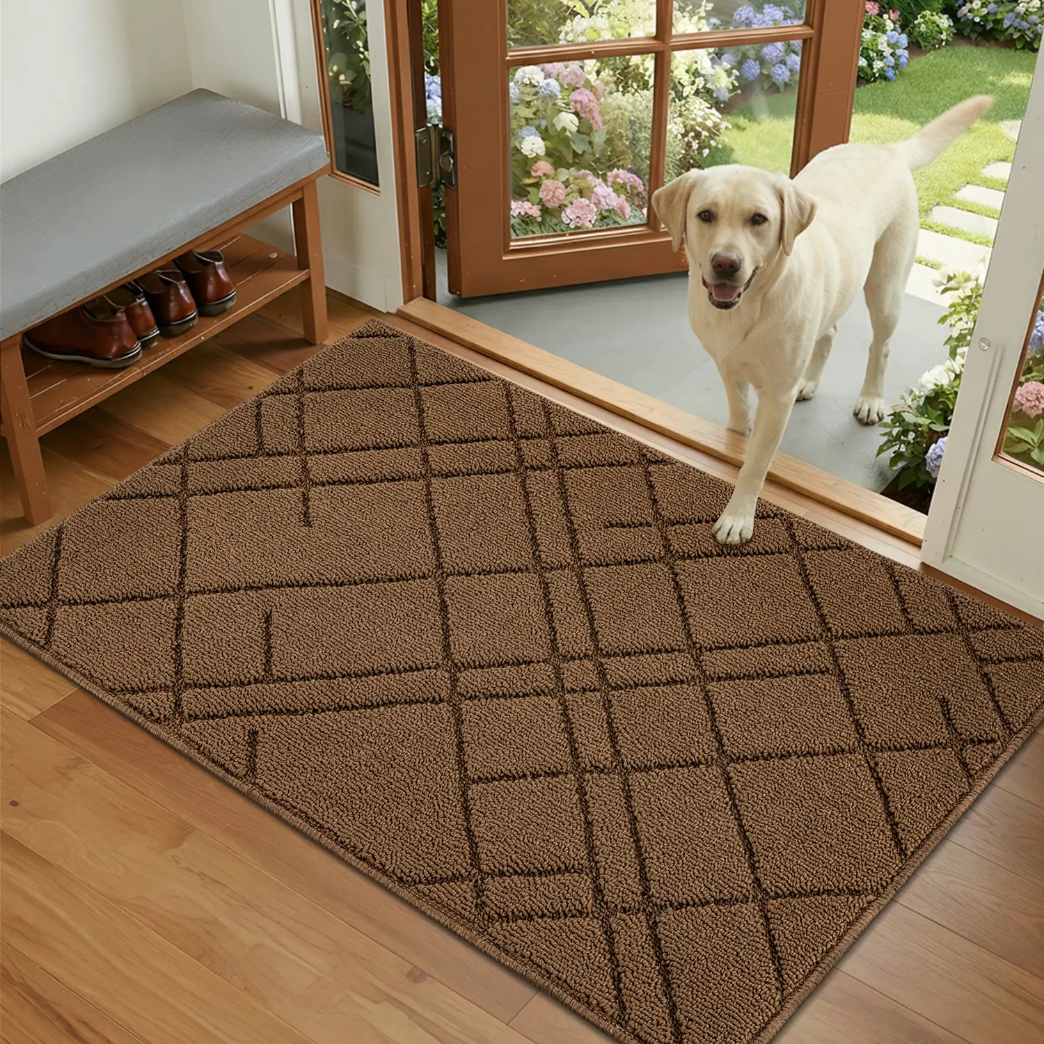 Hicorfe Dirt Trapper Indoor Door Mat - Anti-Slip Traction Entryway Decor Piece with TPR Backing, Absorbent Washable Low-Profile for Front/Back Door, Hallway, Anti-Slip Traction Doormats apartment accessory fluffy area rug soft pile area rug modern happy