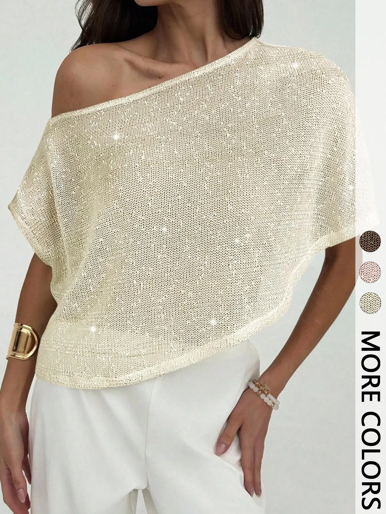 Spring Summer One Shoulder Sequin Top Blouse Shirts Women Blouses Shirts Tops | Asymmetrical Off Shoulder Batwing Sleeve Loose Glitter Top | Glam Chic Style for Night Out Club Party Festival Wear