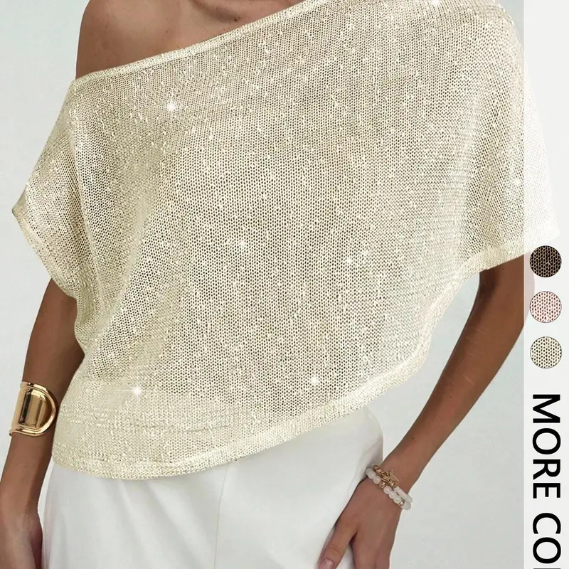 Spring Summer Women's Sequin Glitter Top Blouses, Asymmetrical Off-Shoulder Neckline, Batwing Sleeve Loose Shirt, Glam Chic Style for Night Out Club Party Festival Wear
