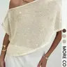 Spring Summer Women's Sequin Glitter Top Blouses, Asymmetrical Off-Shoulder Neckline, Batwing Sleeve Loose Shirt, Glam Chic Style for Night Out Club Party Festival Wear