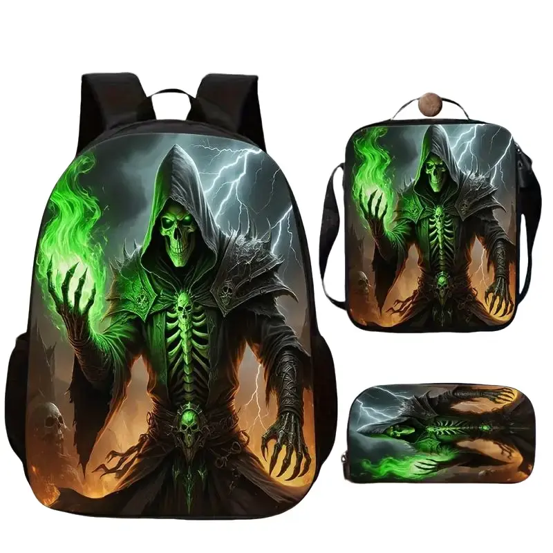 Gothic Horror Skull Printed Surface 3-Piece Backpack Set Pack - Ultra-Soft Durable Textile, Adjustable Straps, Laptop Slot, Zipper Closure, Lunch Box, Pencil Case - For School/Commute, Teen Student Gifts