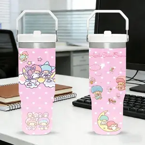 Little Twin Stars Vacuum Flasks 30oz Flip Straw White Tumbler with Handle | Leakproof Twist-On Lid Water Bottle | Double Wall Vacuum Insulated Stainless Steel Cup | BPA-Free Reusable Travel Mug for Gym, Work & Daily Use