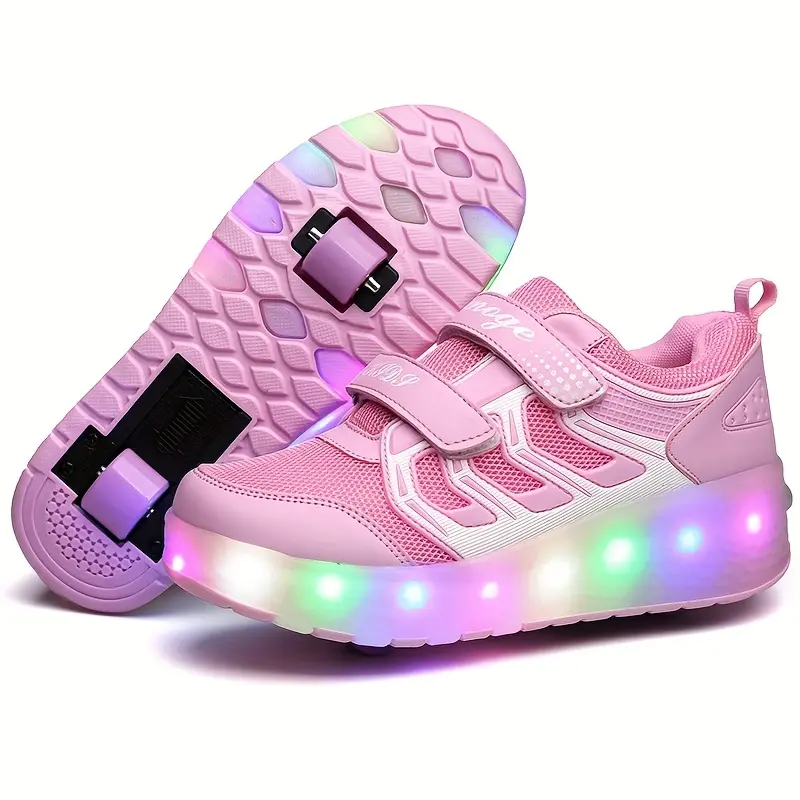 Kids' Light-Up Roller Skate Sneakers - Sporty Striped Synthetic PU Upper, Velcro Strips, Breathable Design, Rubber Sole for Roller Skating, Thanksgiving Fun