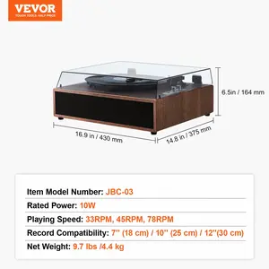 VEVOR Vinyl Record Player, 3-Speed, Belt Driven Turntable Player with Built-in 10W Stereo Speakers Magnetic Cartridge, Support 33/45/78 RPM Bluetooth Aux in RCA Output, for 7/10/12 in Vinyl Records