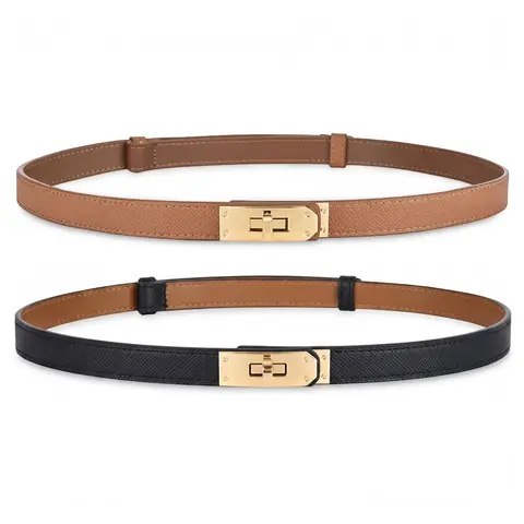 Women's Skinny Leather Belt with Adjustable Gold Turn-Lock Buckle Ideal for Dresses Jeans and Coats Elegant Minimalist Design