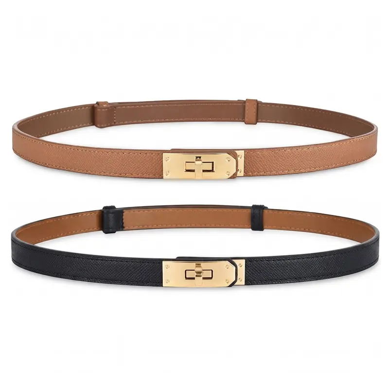 Women's Skinny Leather Belt with Adjustable Gold Turn-Lock Buckle Ideal for Dresses Jeans and Coats Elegant Minimalist Design