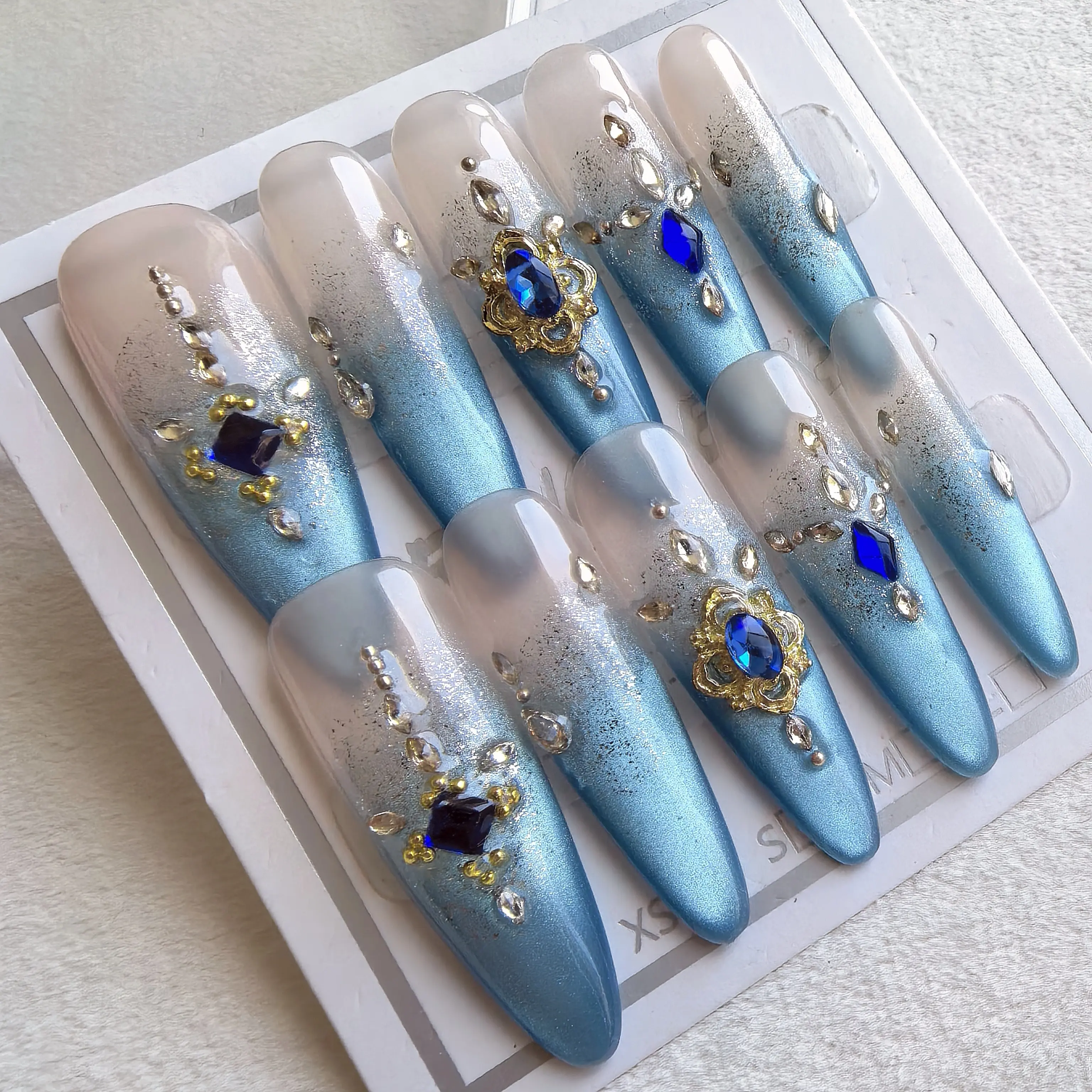 POSEIDON- Stiletto Handmade  Press On Nails Ocean Blue Gradient Sapphire Gem  Reusable 10pcs Free Kit SPRINGLETTER NAILS