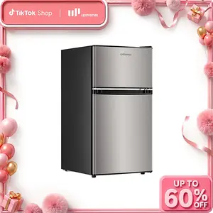 Upstreman mini fridges 3.2 Cu.Ft with Freezer Double Door Adjustable Thermostat Stainless-SD321/BD321 Quiet Efficient LED Light Removable Shelves Crisper Drawer for Dorm Office Bedroom