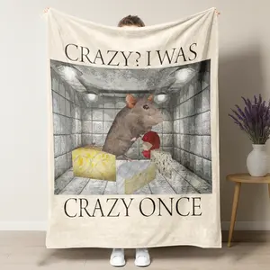 Crazy? I Was Crazy Once Printed Flannel Blanket. Features mouse and cheese motifs. Machine washable, warm and comfortable.