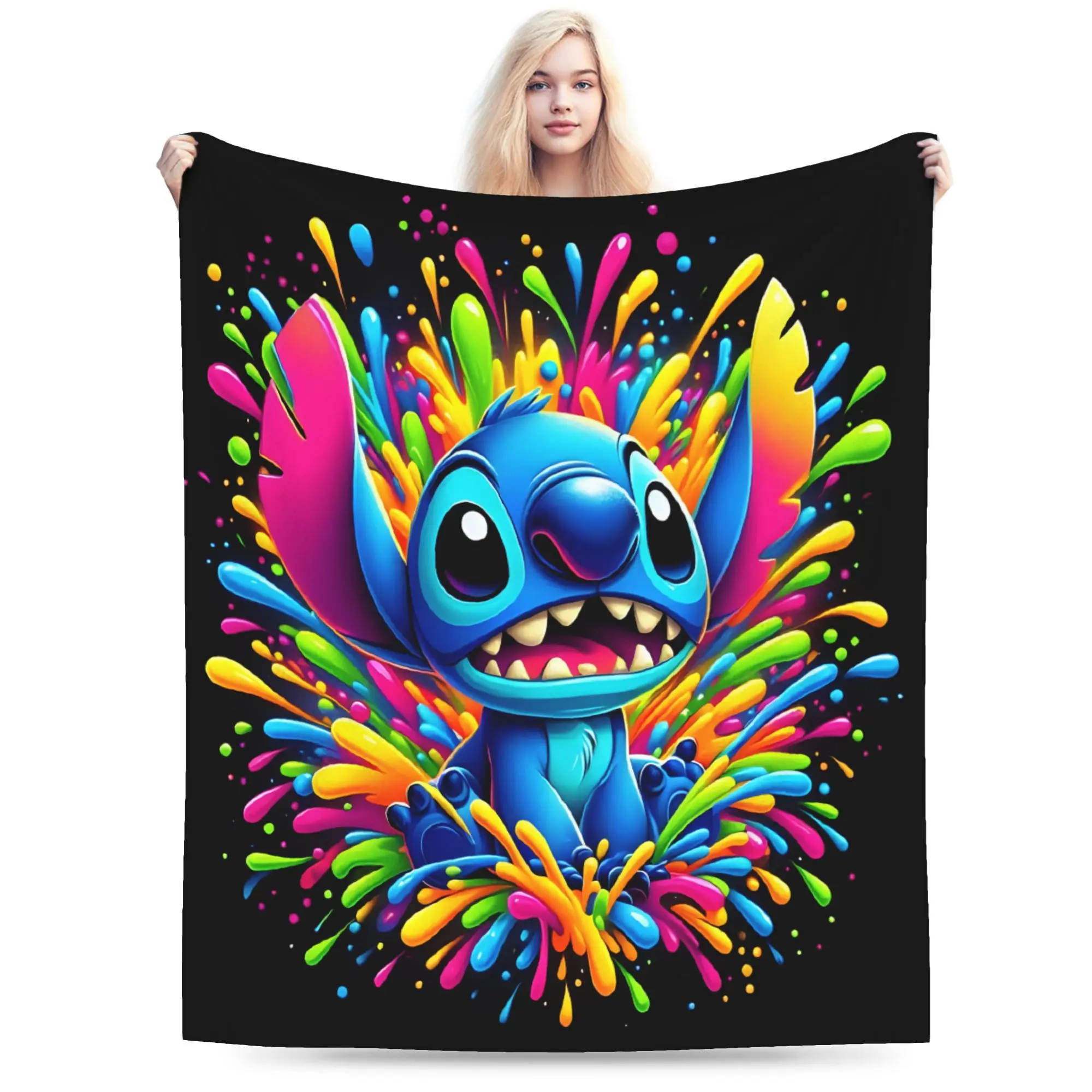 [SummerVibes] DISNEY CLASSIC Stitch Cartoon Throw Blanket, Cute Colorful Splash Paint Lilo & Stitch Soft Flannel Fleece Blanket, Warm Cozy Plush Bed Couch Sofa Blanket Gift for Kids Adults Boys Girls Bedroom Home Decor