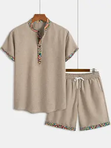 Two-Piece Set Men's Regular Fit Ethnic Pattern Short Sleeve Top & Drawstring Waist Shorts, Casual Fashion Cozy Breathable for Daily Outdoor Wear, Mens Clothes for Summer, Menswear