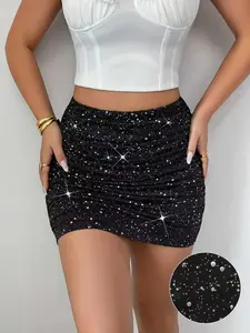Women's Fashion Silver Color Sequins Waist Cinching Bodycon Short Skirt Bottoms, Slimming Fit A-Line Half-Length Dress for Parties