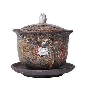 【Lotus Flower with Crabs Gaiwan】Aged Rock-Mineral Gaiwan Mineral-Texture Lotus Gaiwan｜Handcrafted Zen-Inspired Teaware｜Kiln-Fired Elegance for Tea Lovers