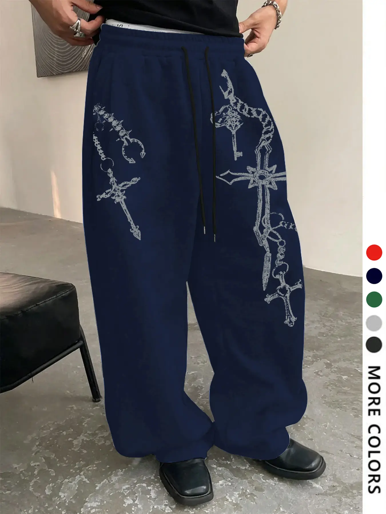 Men's Casual Loose-Fit Drawstring Pants, Graphic Key & Cross Print Sweatpants, All-Season Comfortable Men's Clothing for Daily Wear, Casual Fit Bottoms