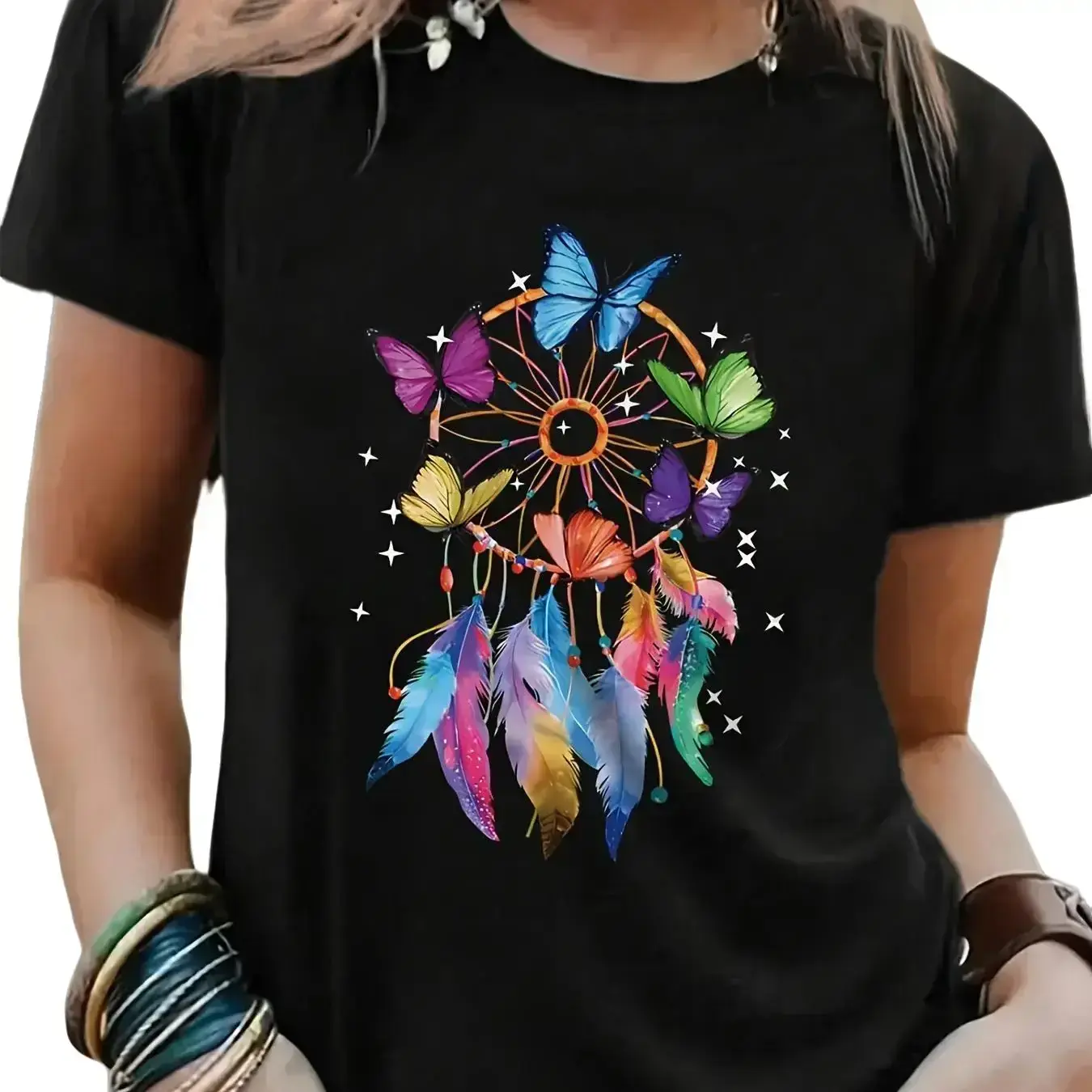 Women's Colorful Butterfly Dreamcatcher Boho Graphic T‑Shirt, 100% Soft Cotton Crew Neck Short Sleeve Tee, Bohemian Feather Nature Print Casual All‑Season Daily Workout Top, Machine Washable Gift for Ladies