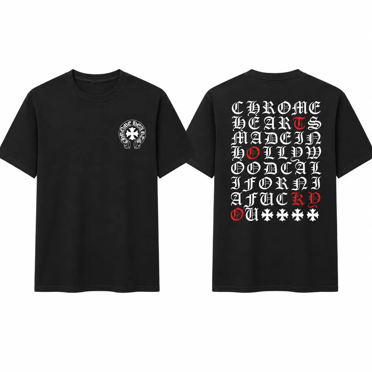 Chrome Hearts Gothic Letter Graphic Shirt, Horseshoe Cross Two Sided Tee, Old English Typography Streetwear T-Shirt, Y2K Gothic Graphic Top, Hip Hop Shirt