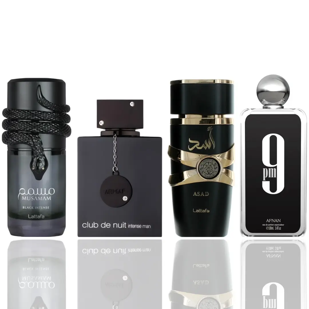 Lattafa Men's 4-Piece EDP Set - Club De Nuit, Asad, Musamam Black, 9 PM EDP Intense Long-Lasting EDP Liquid Perfumes, Daily Wear Woody Spicy Bold Elegant Fragrance Gift