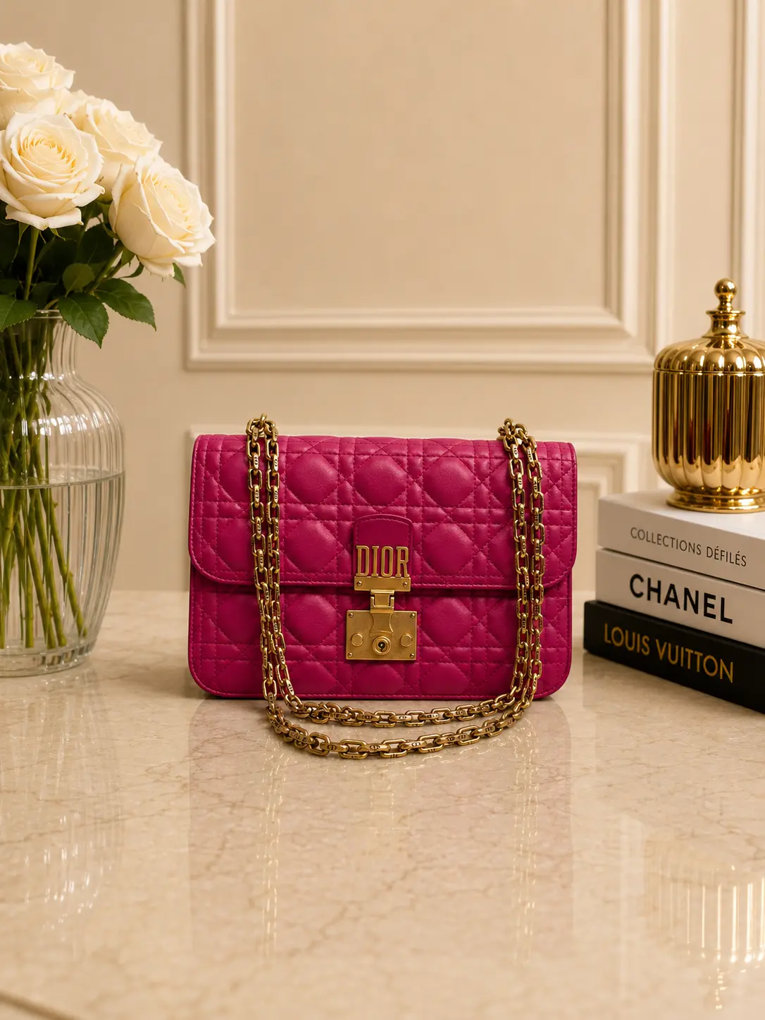 Pre-owned Dior Quilted leather Rectangular handbag Pink Quilted Handbag with Gold Chain Strap and Logo Buckle