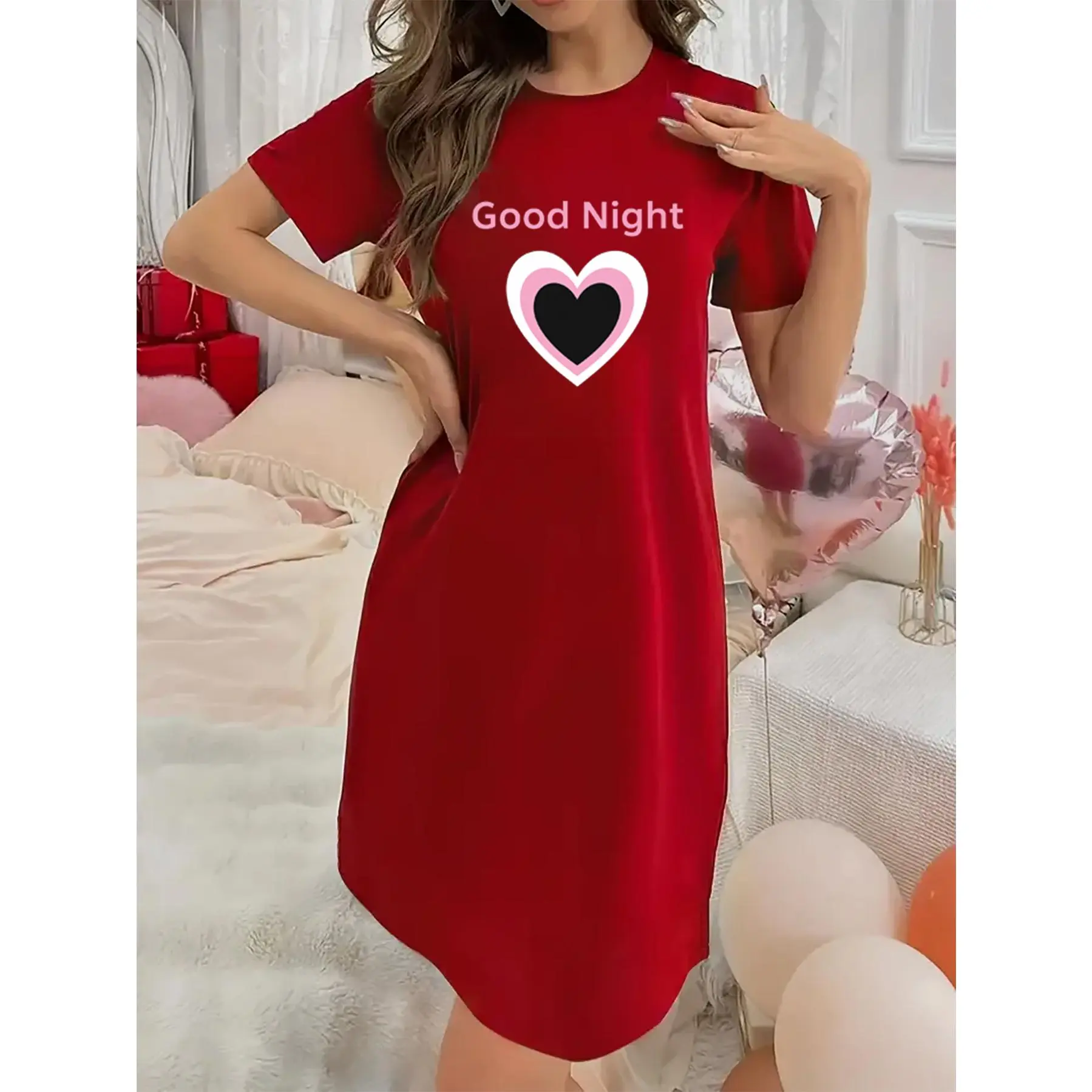 Soft Micro Stretch Women's Lingerie Good night Printed Short Sleeve Round Neck Nightgown Sexy Elegant Young Style Women's Valentine's Day Dress Mother's Day Christmas Thanksgiving New Year Gift Ideas