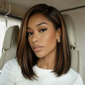 【Side Part】UNice Black with Caramel Highlights Yaki Straight Bob Glueless 7x5 Closure Human Hair Wigs with Drawstring Natural Hairline No Slip Beginners Friendly