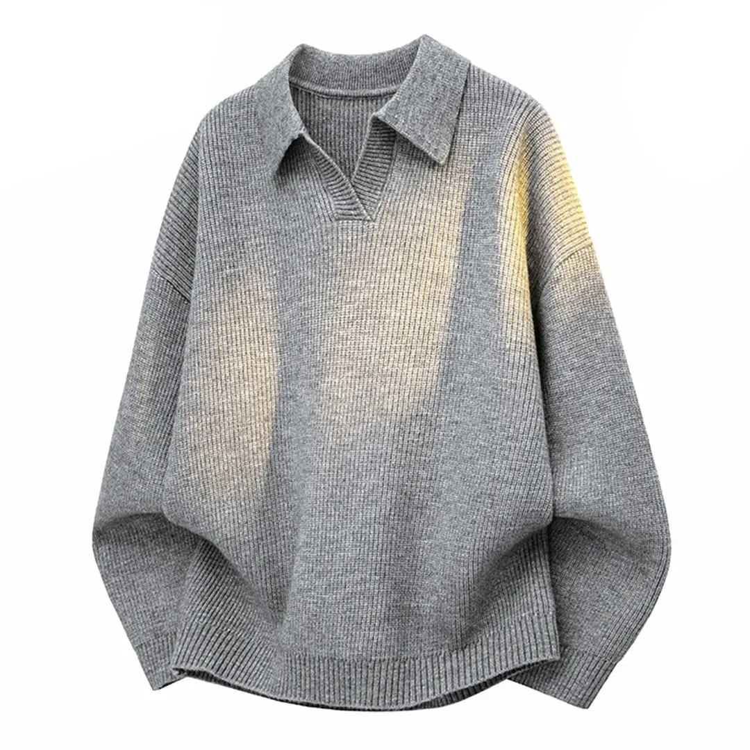 Men’s polo-collar knit sweater, loose drop-shoulder long-sleeve pullover, casual warm knit top for business and everyday wear
