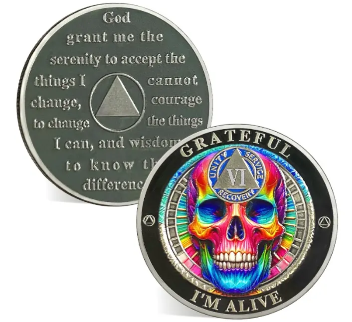 1-10 Year Sobriety Chip - Grateful I Am Alive Skull AA Coin and Medallions - Affirmation Sobriety Coin Recovery Token with Serenity Prayer - Celebrate Living Clean AA NA Sober Gifts