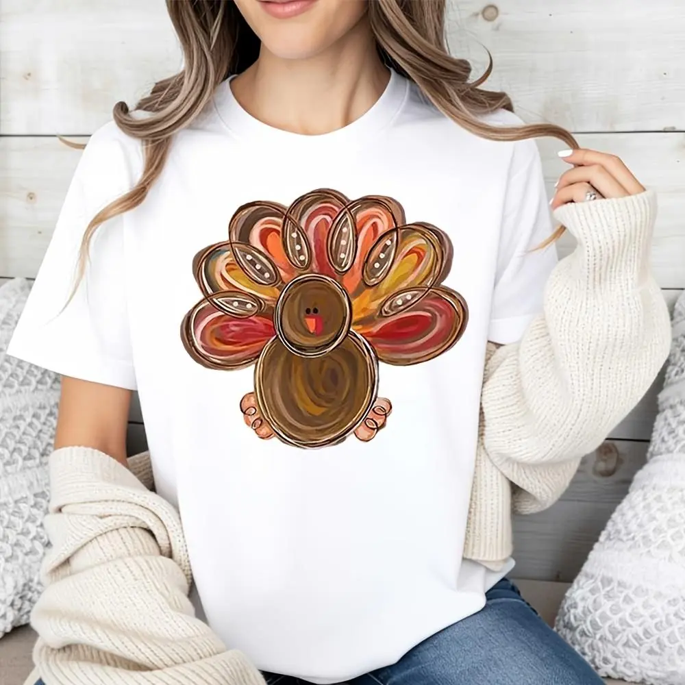 Cute Turkey Print, Raglan Long-Sleeved T-Shirt, Thanksgiving Holiday Theme, Casual Fall Wear