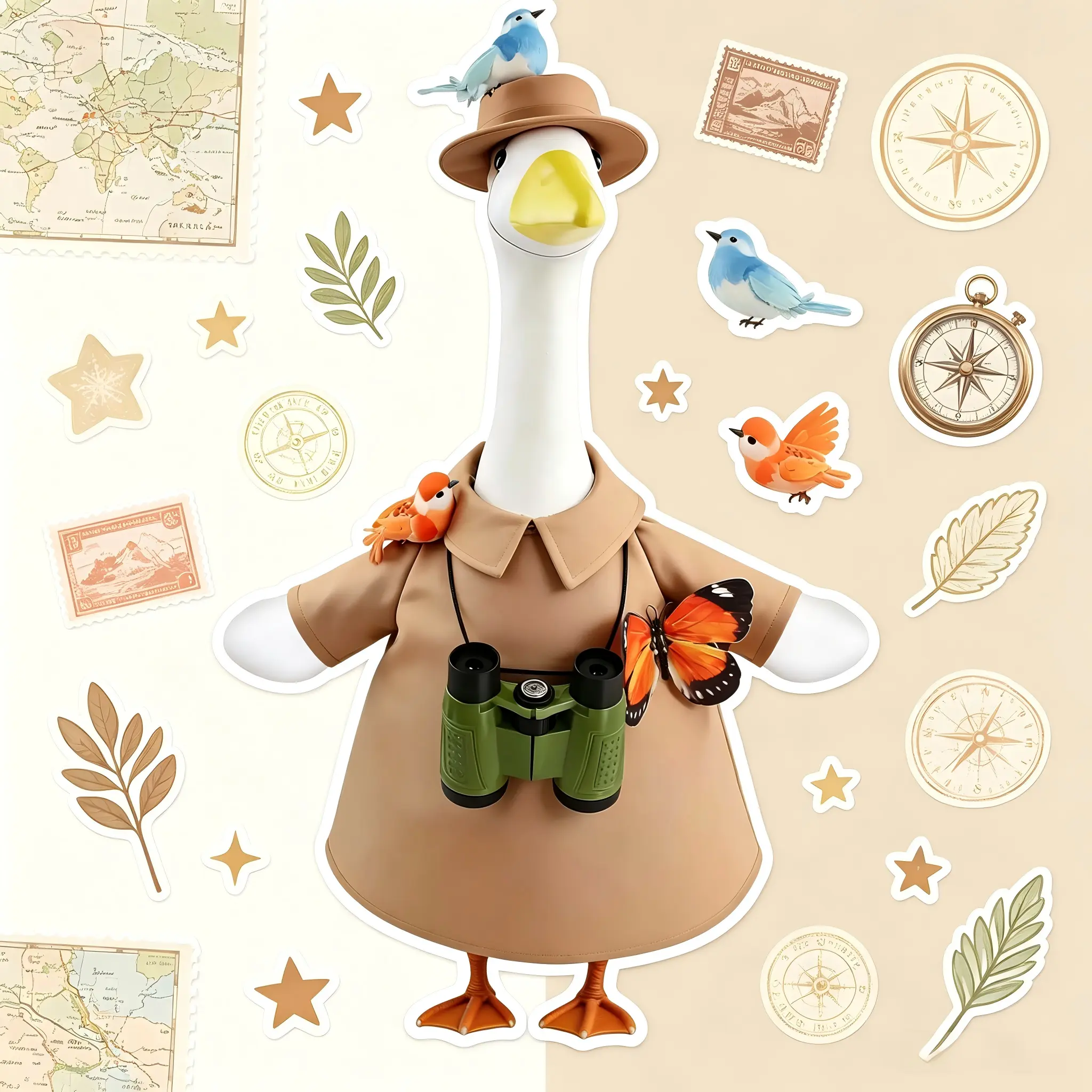 23-Inch Lawn Porch Goose Safari Explorer Costume, Bird Watching Adventure Outfit, Hat, Binoculars, Butterfly & Bird Ornaments for Spring Summer Outdoor Garden Home Decor