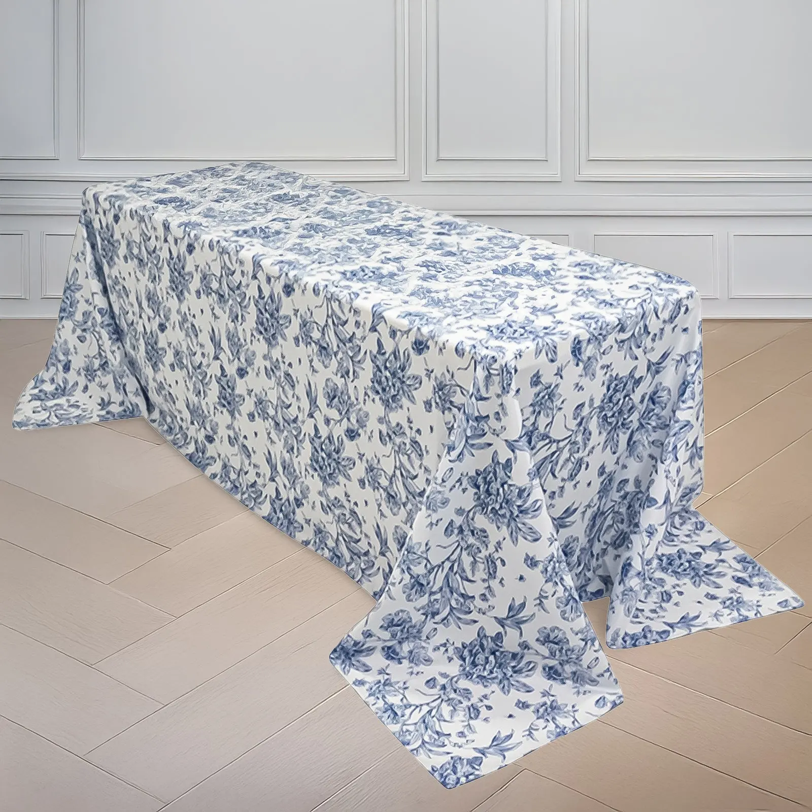 Rectangle Tablecloth, 90"x156" Polyester White with Blue Classic French Toile Pattern - Seamless Outdoor Table Accessory, Sophisticated Cover for Chic Weddings-Ceremonies