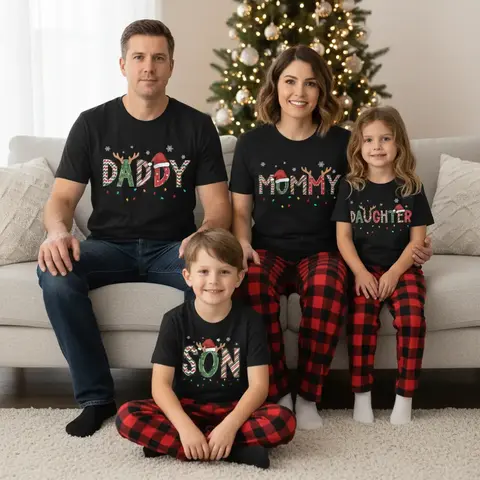 Plus Size Vintage Classic Crew Neck Family Christmas Matching Flannel Pajama Set - Mom,Dad&Daughter Cotton Short-Sleeve Colorful Solid Casual Comfortable Fit Christmas Shirt Holiday Gift