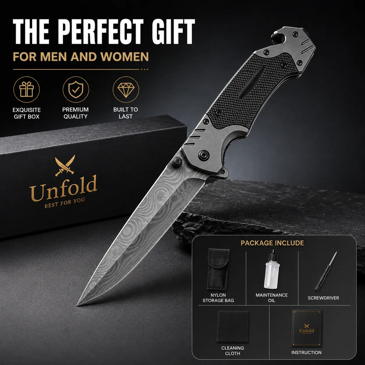 Damascus-Pattern Folding Knife, 3.5" Stainless Steel Blade for Carving & Camping - Multi-Functional Survival Equipment with Seatbelt Cutter, Glass Breaker for EDC